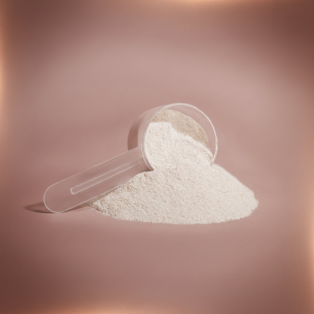 White powder in a clear plastic scoop on a light gray background
