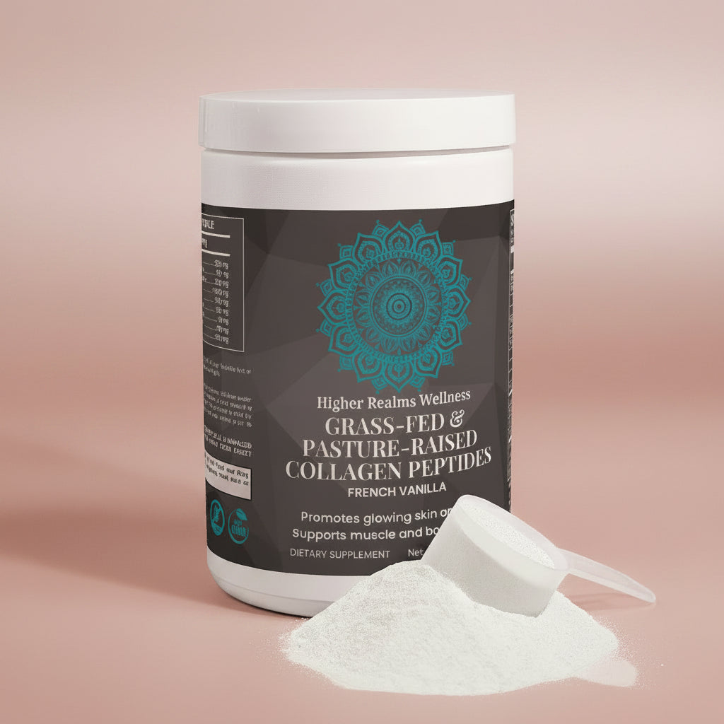 Container of Higher Realms Wellness collagen peptides with a white background