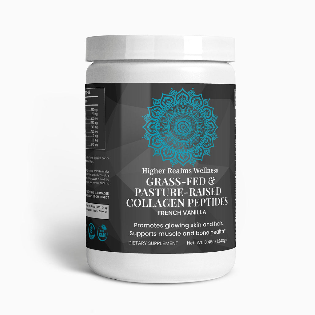 Container of Higher Realms Wellness grass-fed and pasture-raised collagen peptides on a white background
