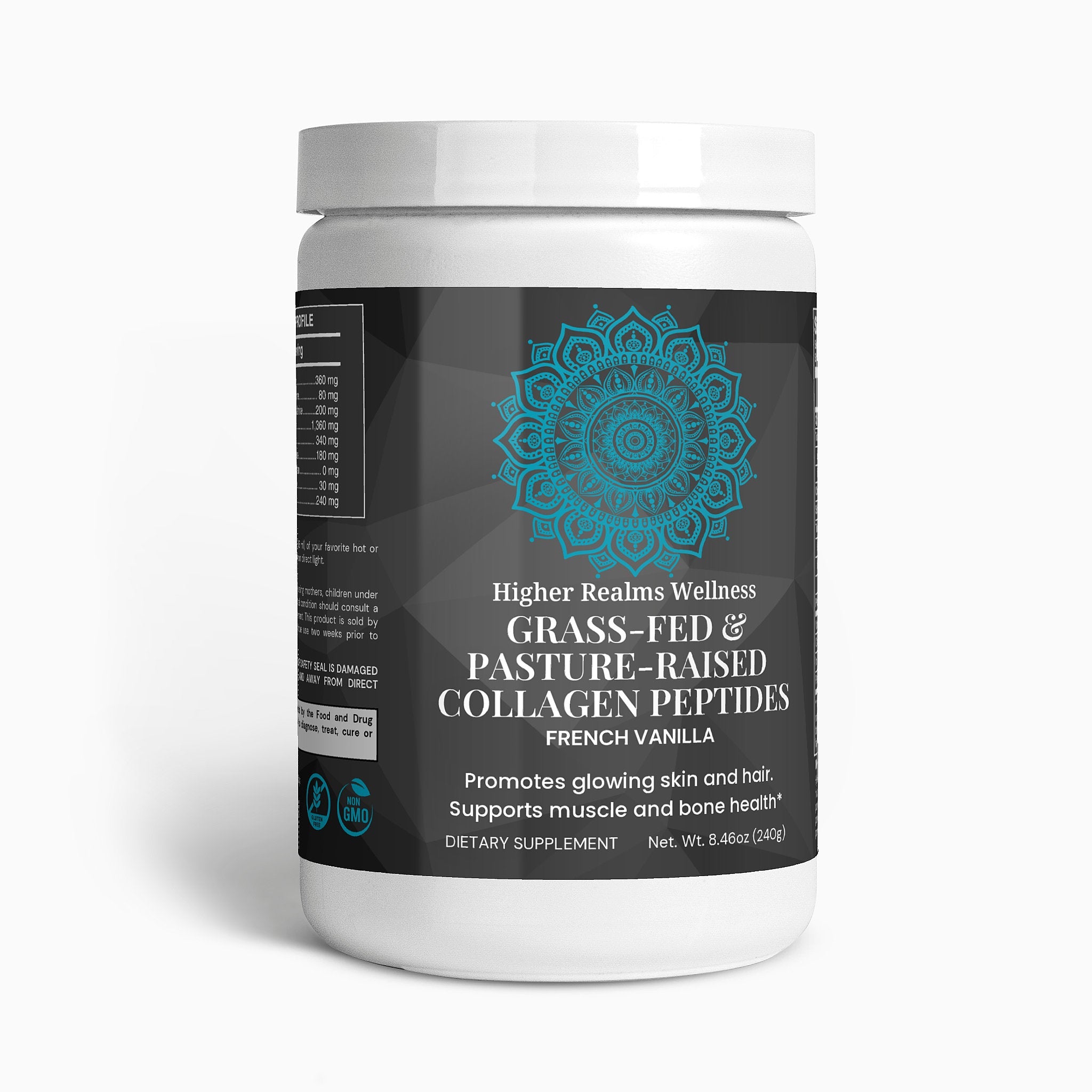 Container of Higher Realms Wellness grass-fed and pasture-raised collagen peptides on a white background