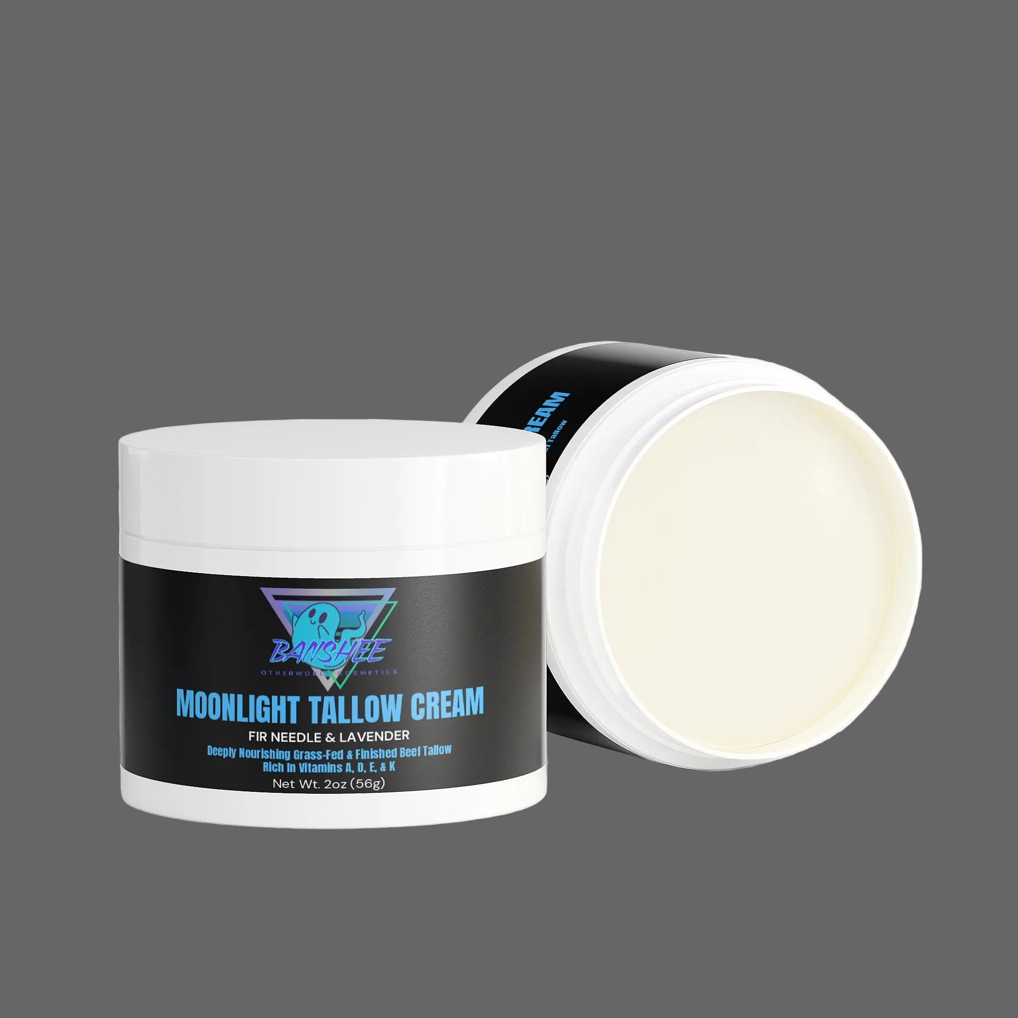 Moonlight Tallow Cream jar with black label on a white background