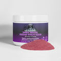 Jar of 'Zombie Survival Hibiscus Vitality Elixir' powder with purple label on a white background