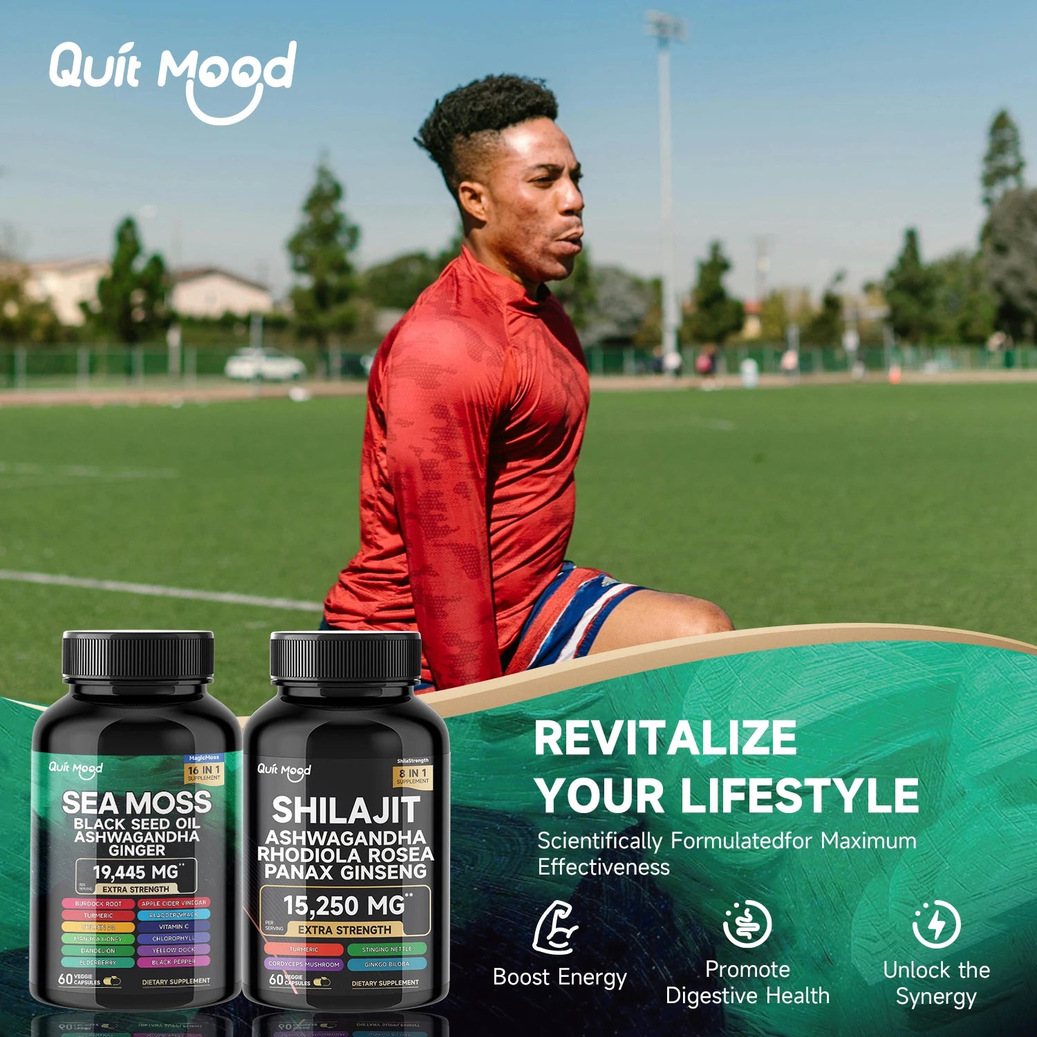 Person in red sports outfit sitting on a sports field with 'Quit Mood' supplement bottles displayed.