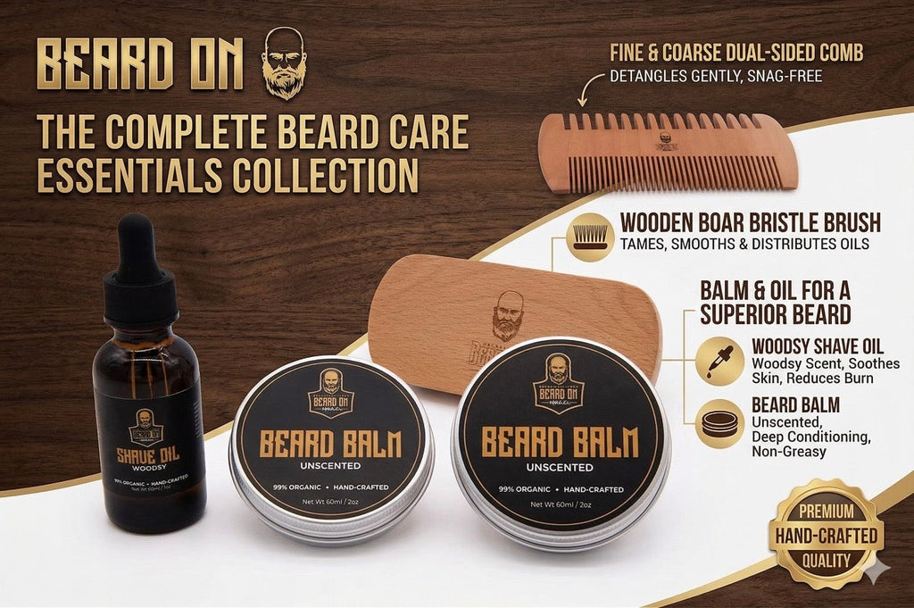 Organic Beard Growth & Grooming Kit – USDA Certified Beard Oil, Balm, Boar Hair Brush & Wood Comb