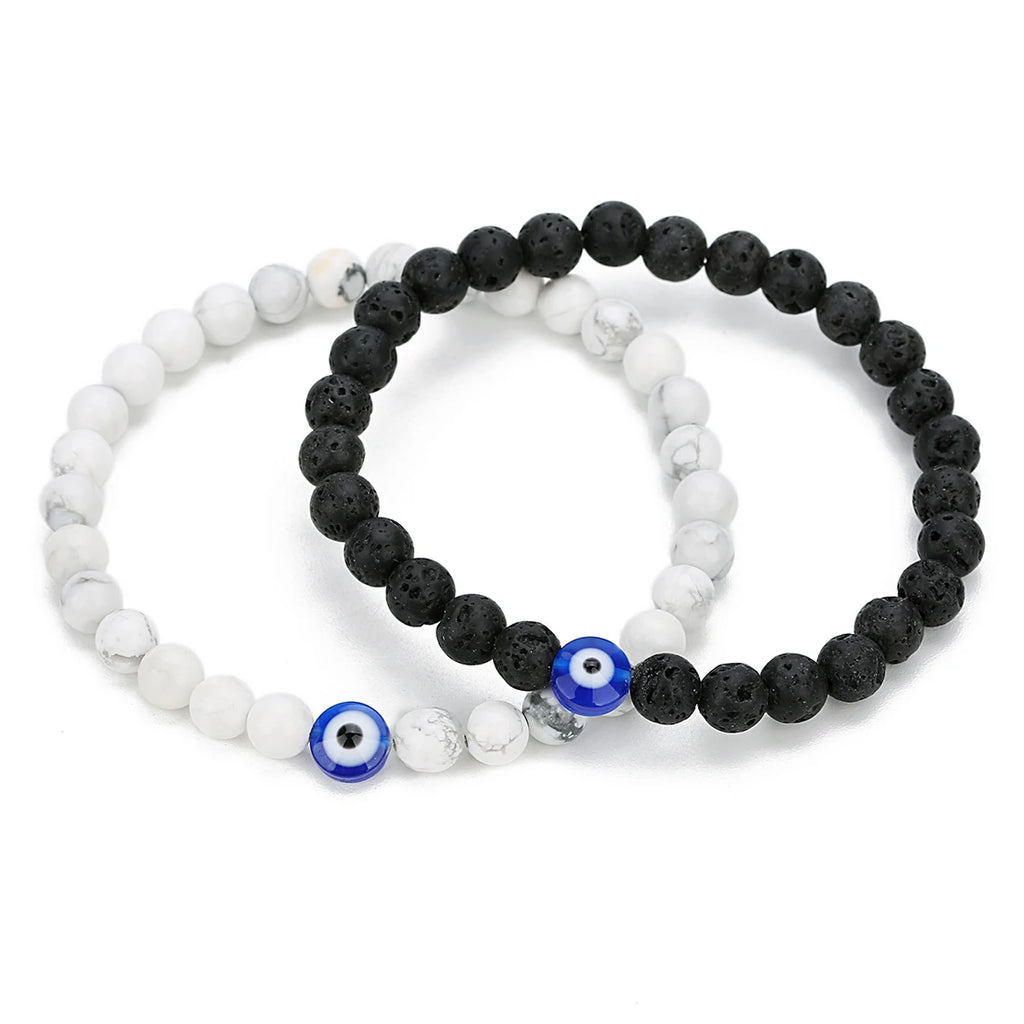 Natural Stone Bead Bracelet — Lava Rock, Black Agate & White Turquoise