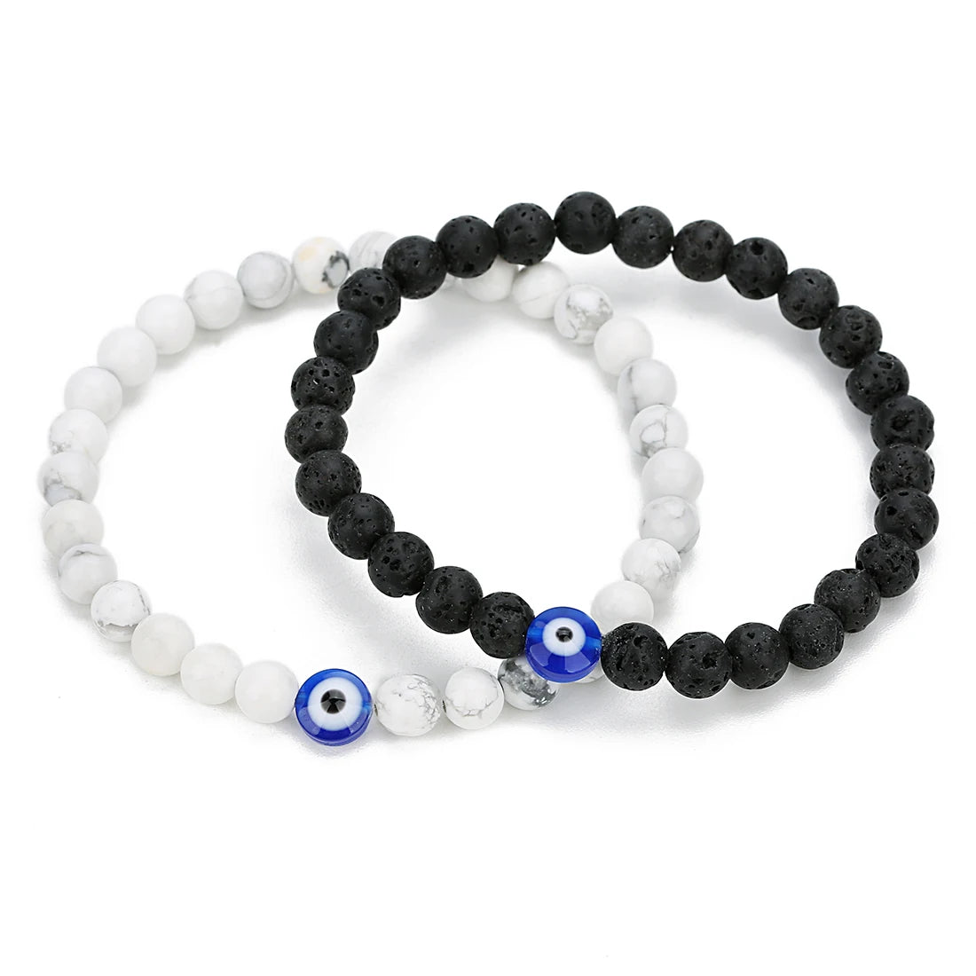 Natural Stone Bead Bracelet — Lava Rock, Black Agate & White Turquoise
