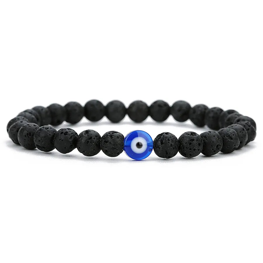 Natural Stone Bead Bracelet — Lava Rock, Black Agate & White Turquoise