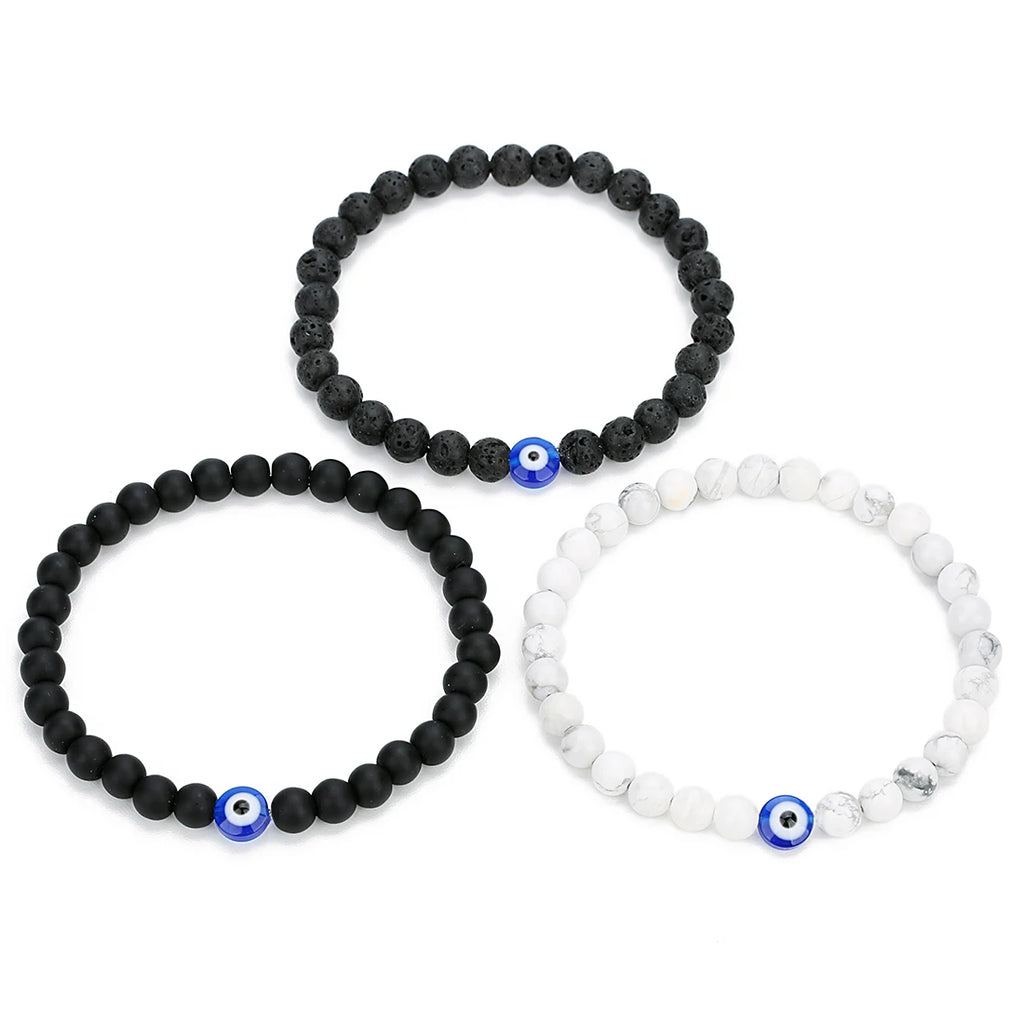 Natural Stone Bead Bracelet — Lava Rock, Black Agate & White Turquoise
