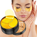 Gold eye masks with a container and a woman wearing them, on a white background