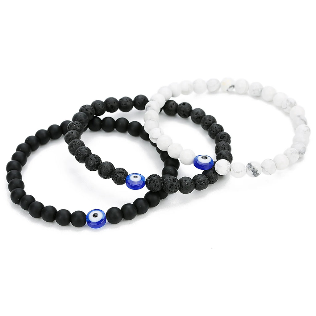 Natural Stone Bead Bracelet — Lava Rock, Black Agate & White Turquoise
