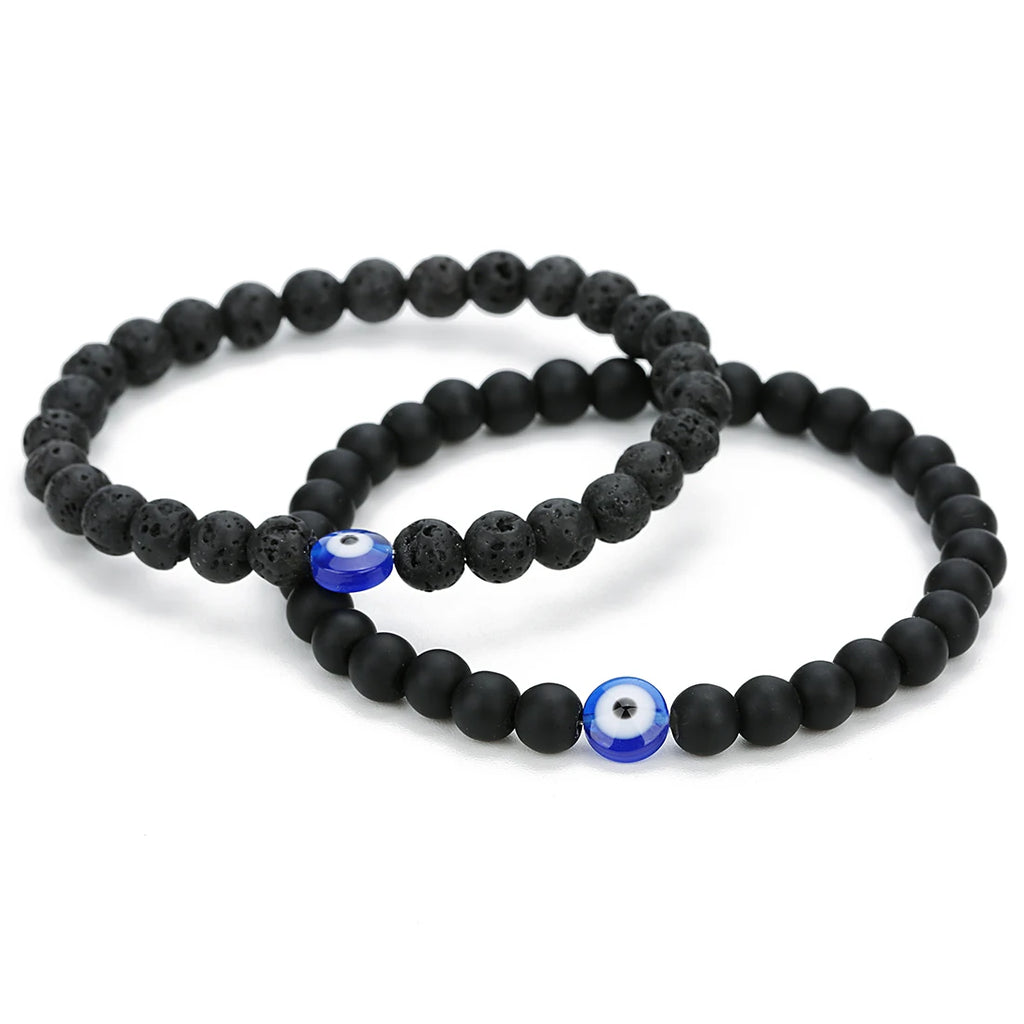 Natural Stone Bead Bracelet — Lava Rock, Black Agate & White Turquoise