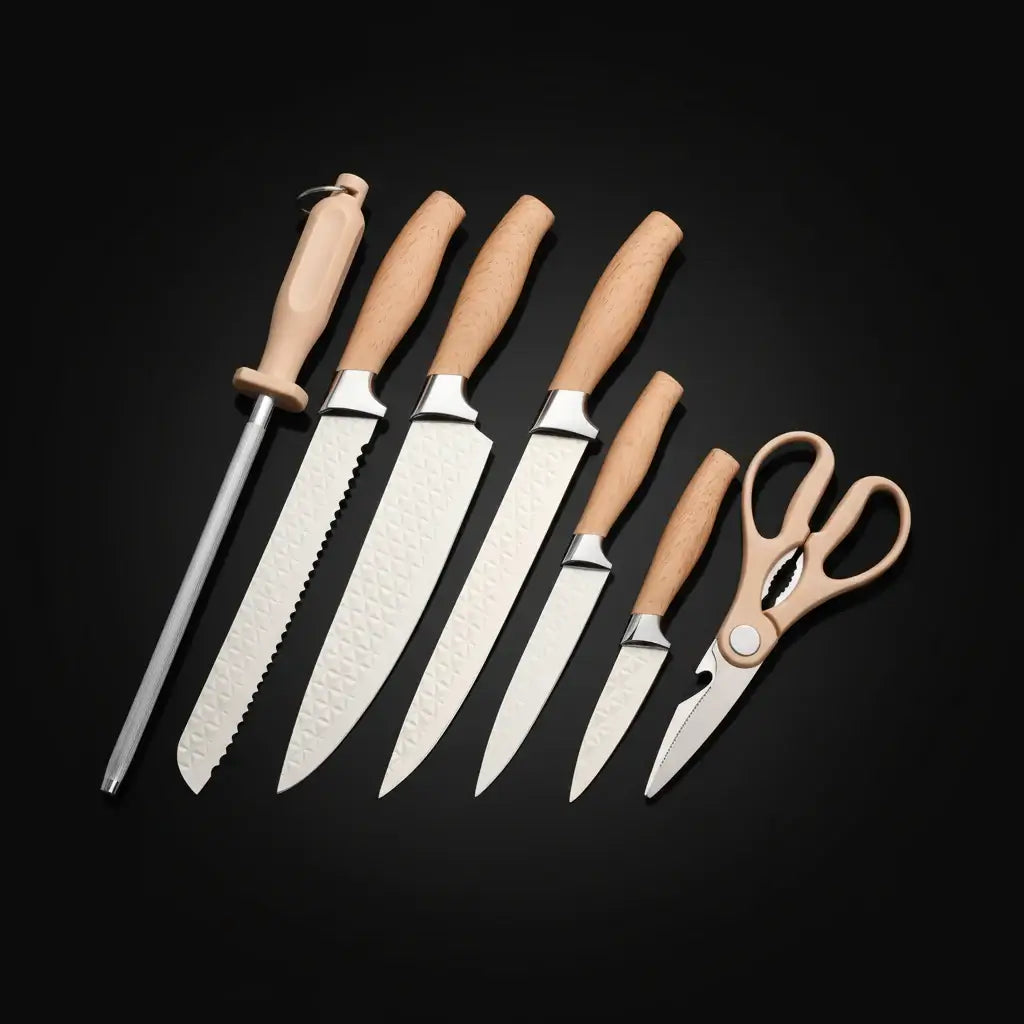 Set of knives and a pair of scissors with wooden handles on a black background