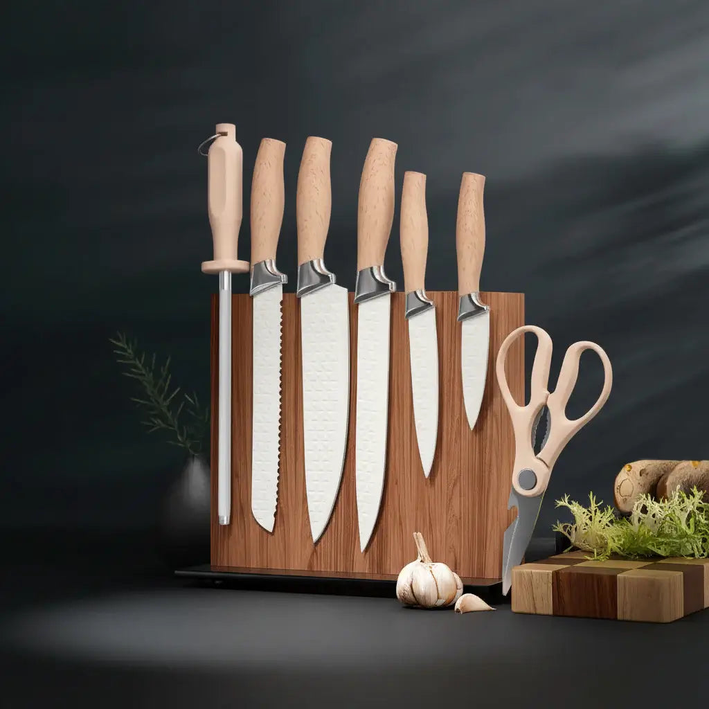 Set of knives with wooden handles on a dark background