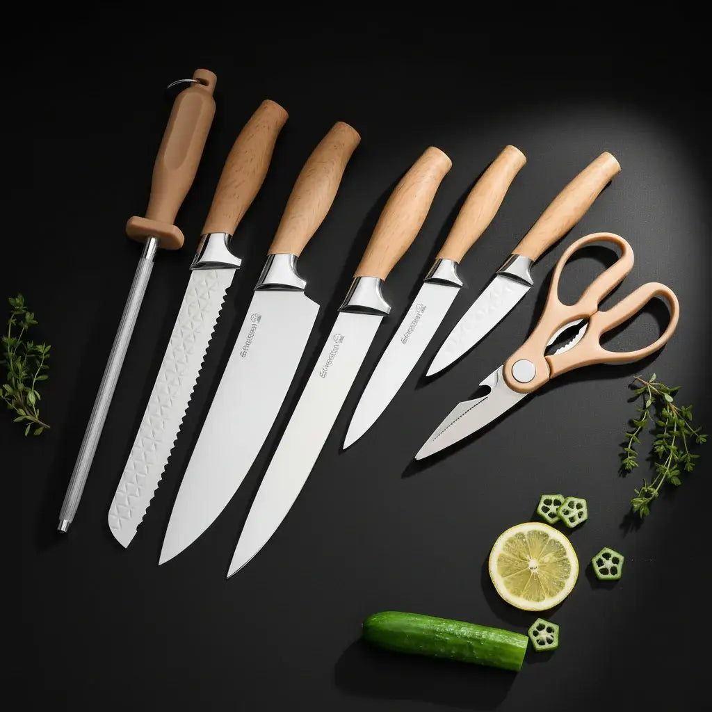 7-Piece Stainless Steel Chef Knife Set — Non-Stick Blades with Storage Case & Scissors