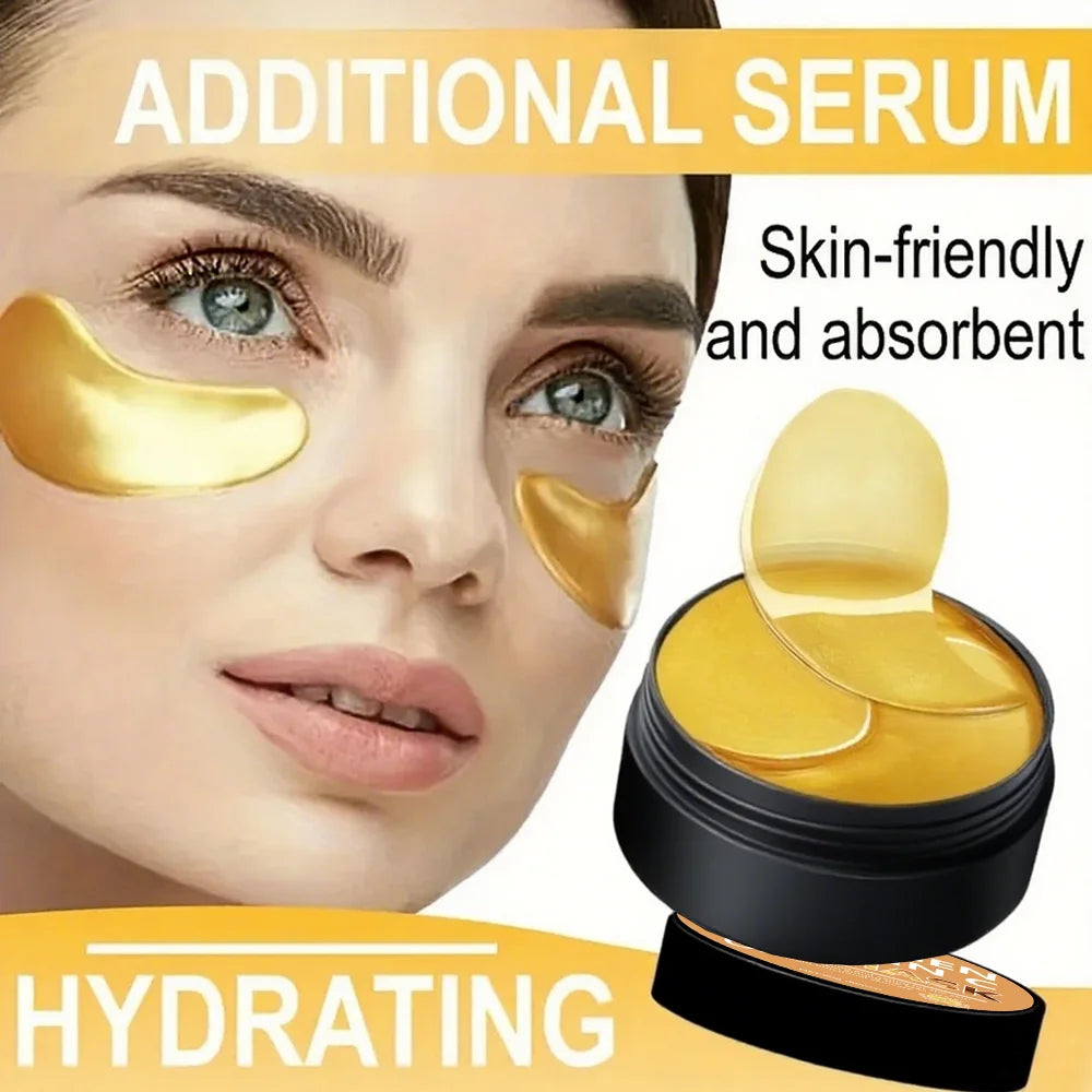 Gold eye patches with a container on a white background, labeled as 'Additional Serum' and 'Hydrating'.