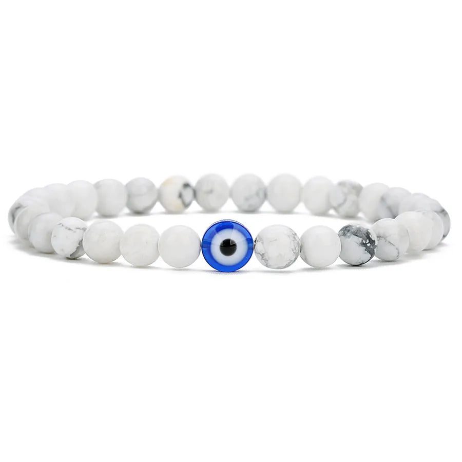 Natural Stone Bead Bracelet — Lava Rock, Black Agate & White Turquoise