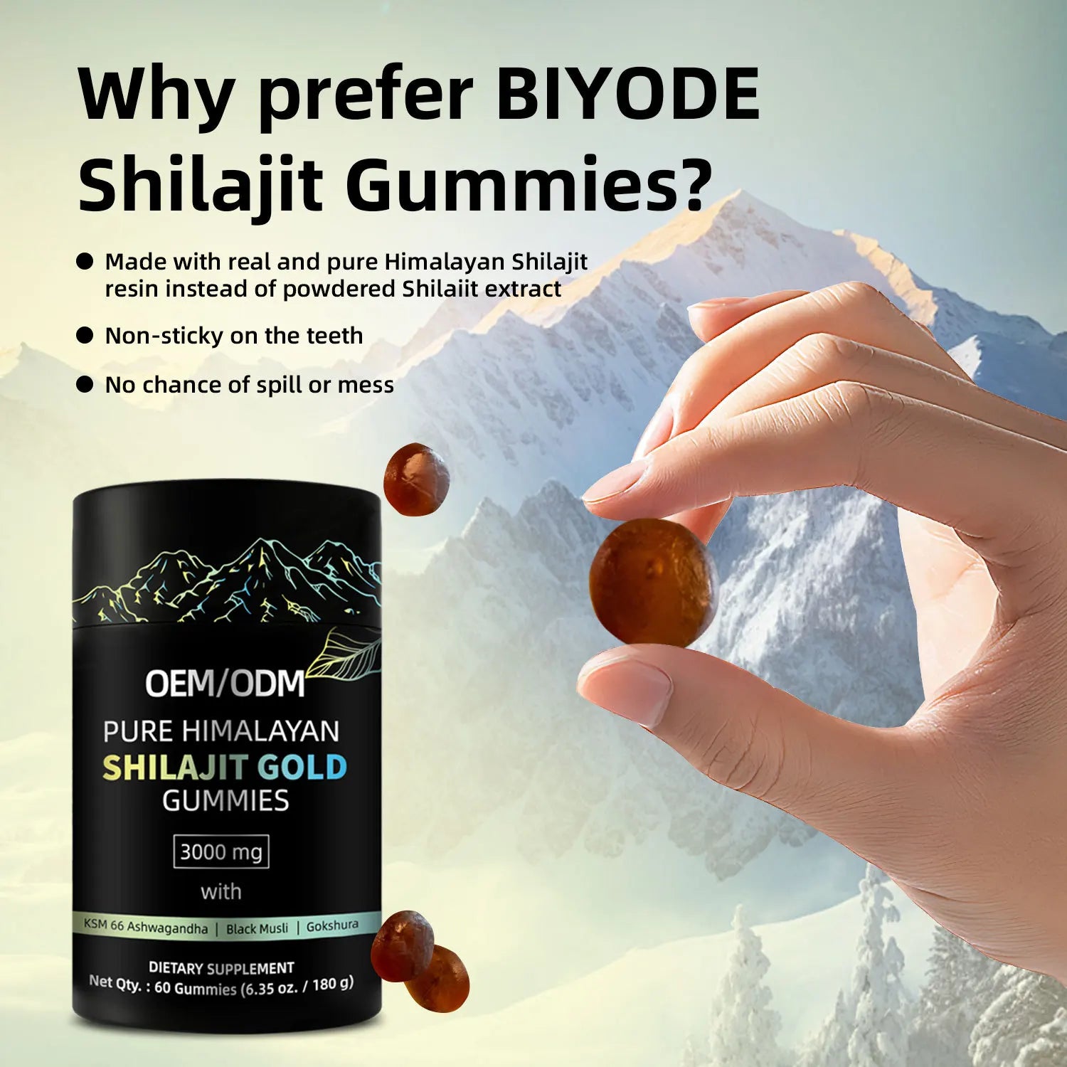 OEM/ODM Pure Himalayan Shilajit Gold Gummies with a hand holding a gummy against a mountainous background.