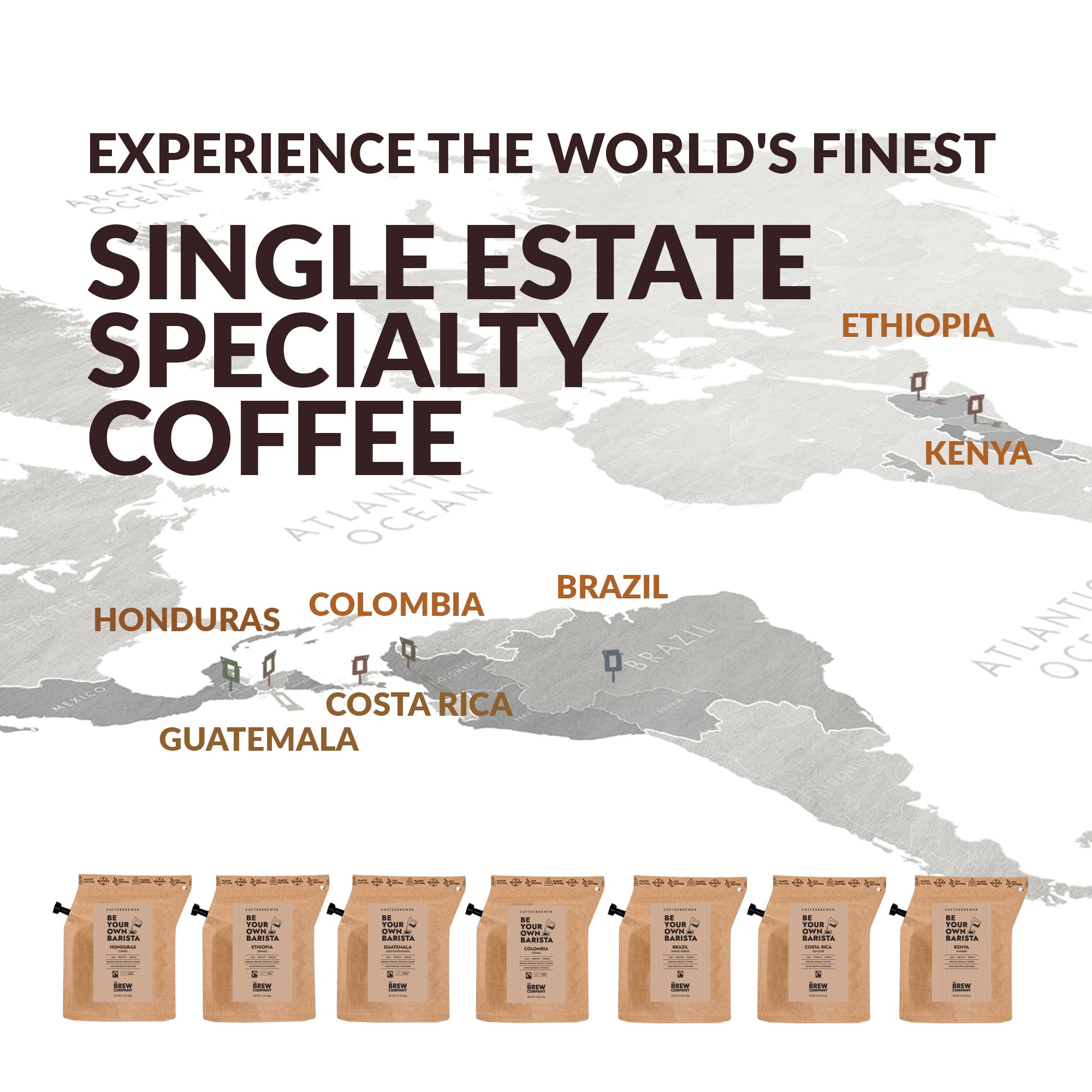 Map of coffee origin countries with packages labeled 'Single Estate Specialty Coffee' on a white background.