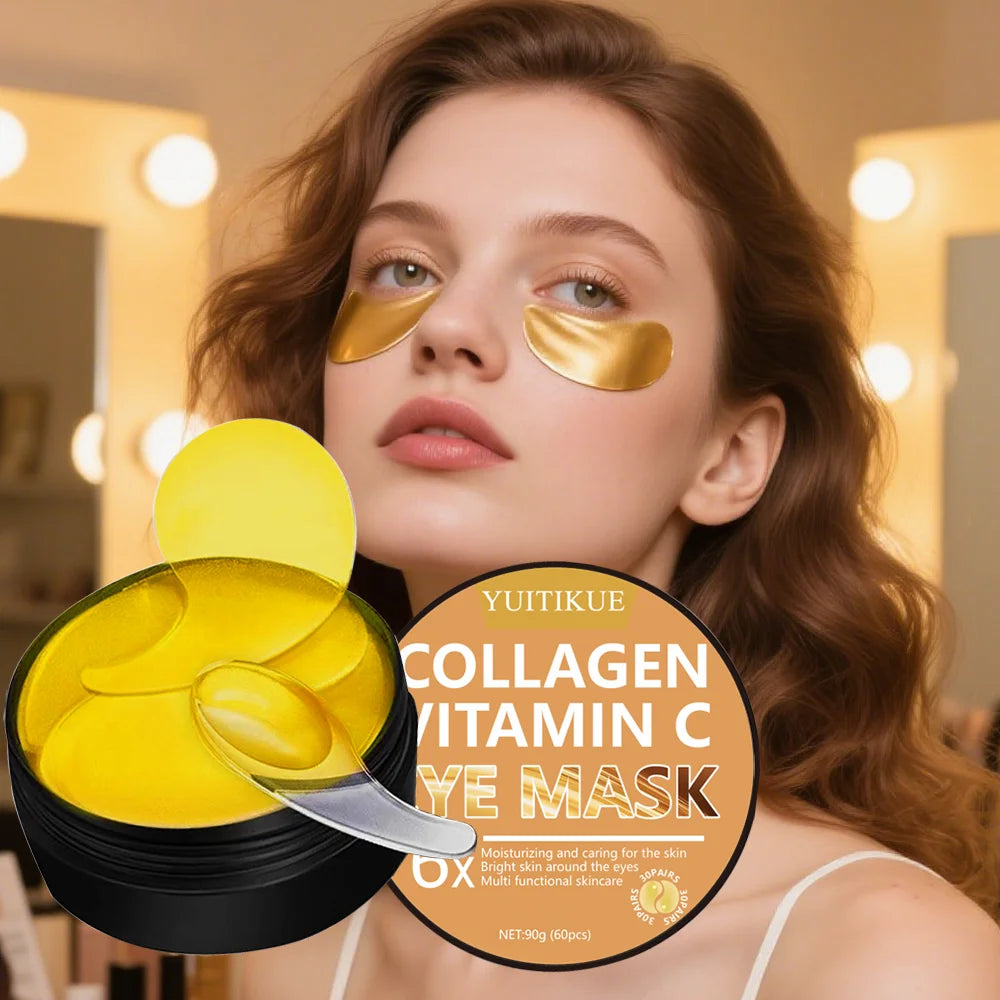 Woman wearing gold collagen eye masks with a product container labeled 'YUITIKUE Collagen Vitamin C Eye Mask' in the foreground.