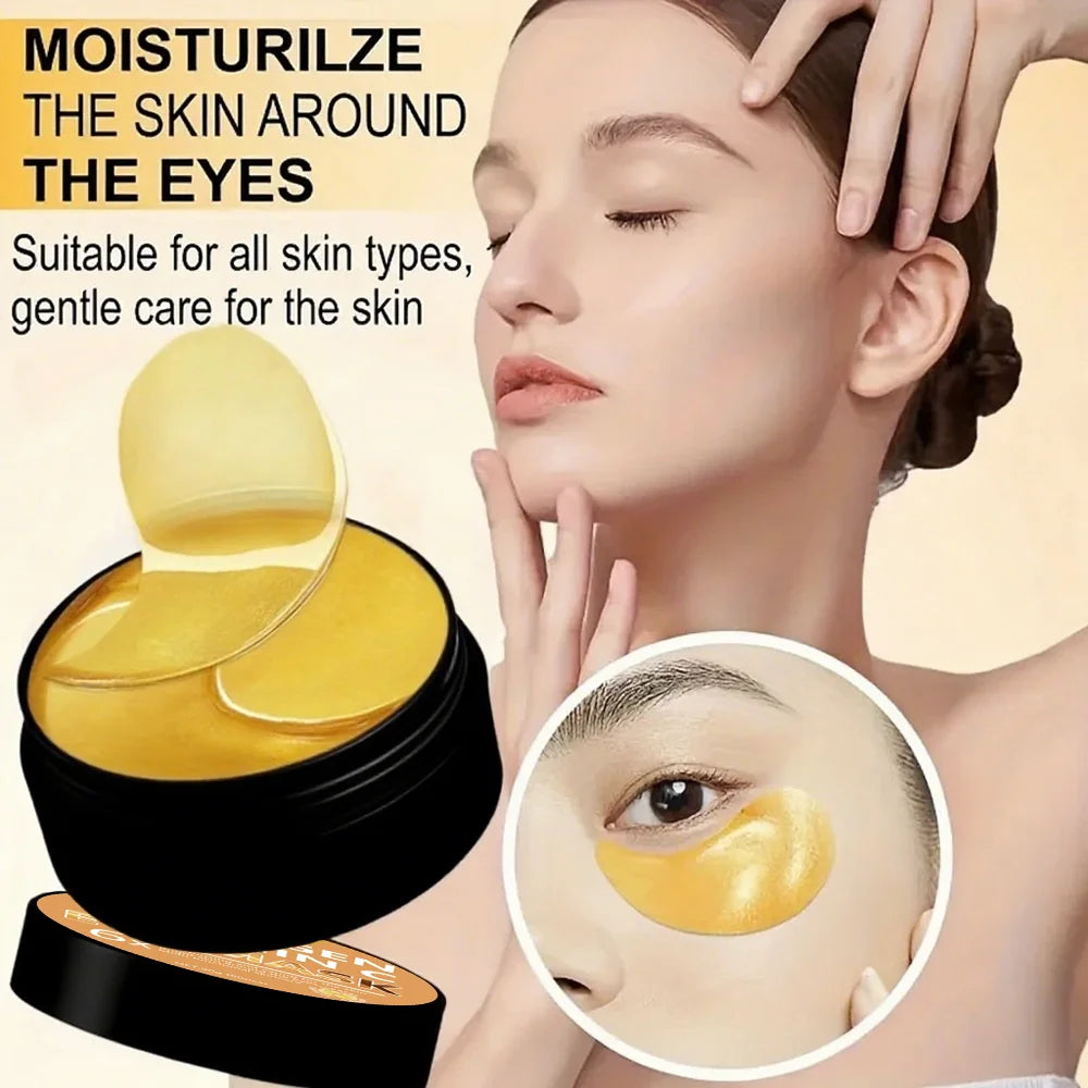 Cosmetic product for eye area care with a woman applying it, suitable for all skin types.