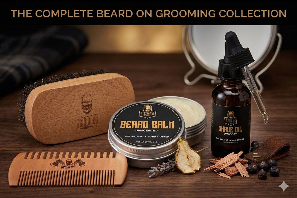 Organic Beard Growth & Grooming Kit – USDA Certified Beard Oil, Balm, Boar Hair Brush & Wood Comb