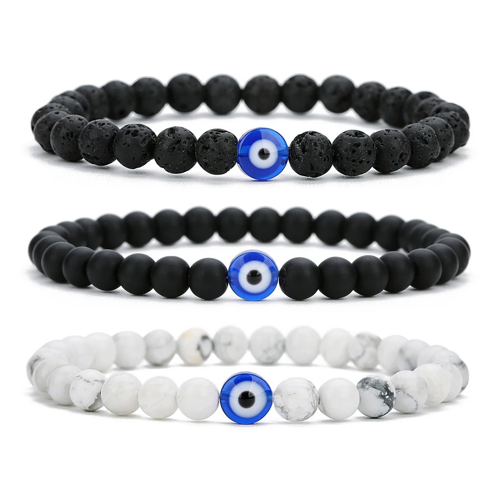 Natural Stone Bead Bracelet — Lava Rock, Black Agate & White Turquoise