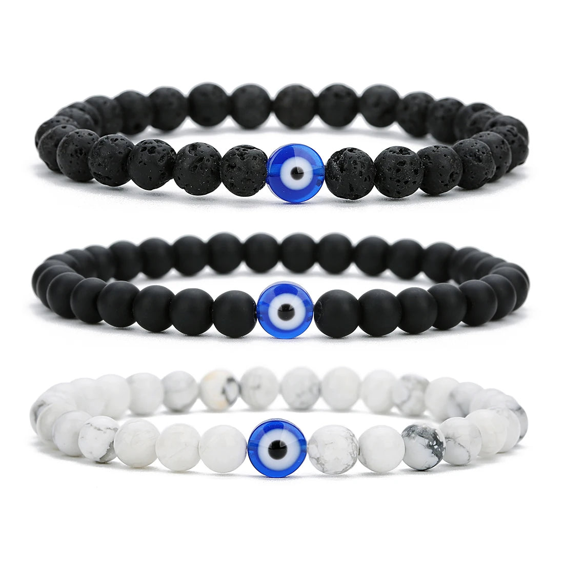 Natural Stone Bead Bracelet — Lava Rock, Black Agate & White Turquoise