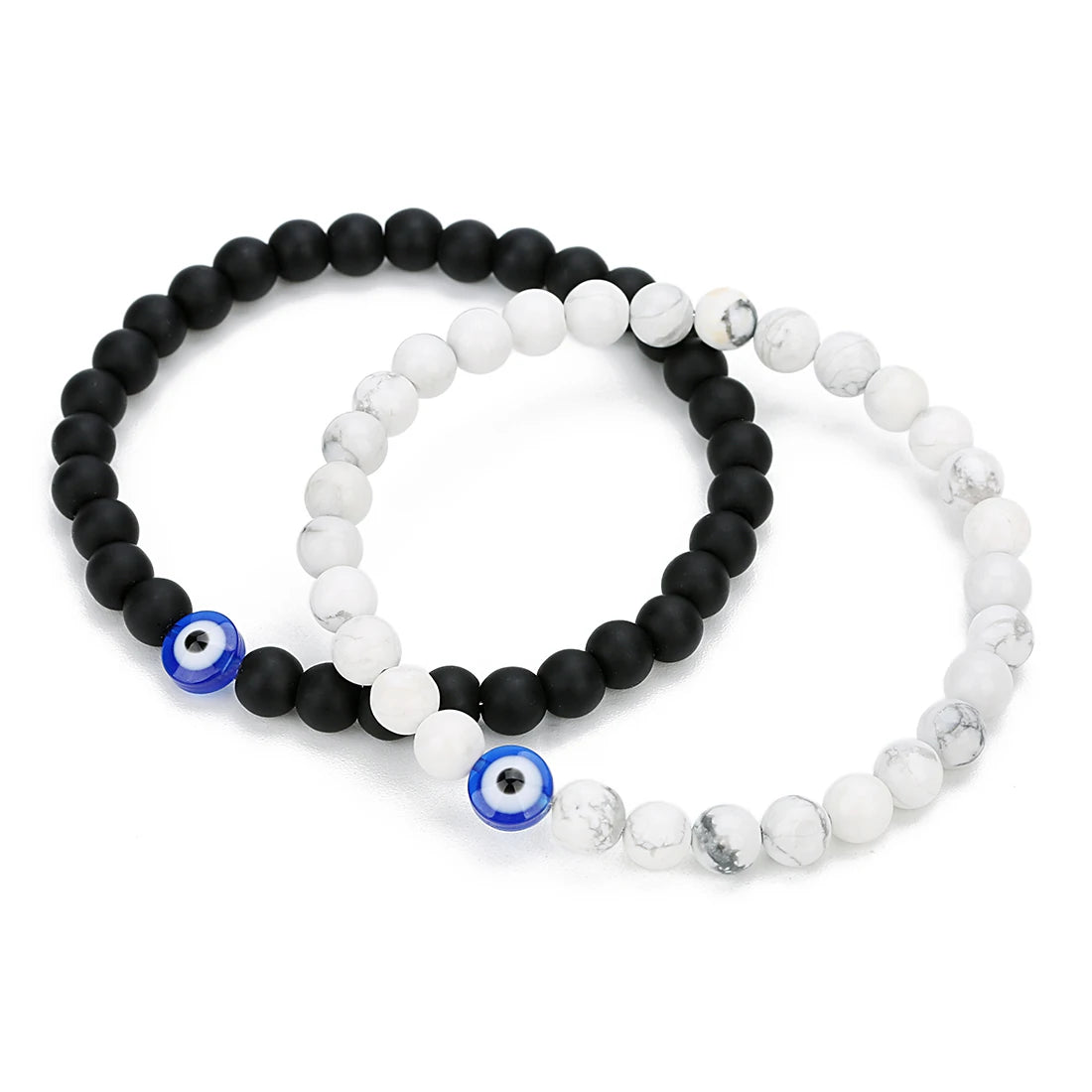 Natural Stone Bead Bracelet — Lava Rock, Black Agate & White Turquoise