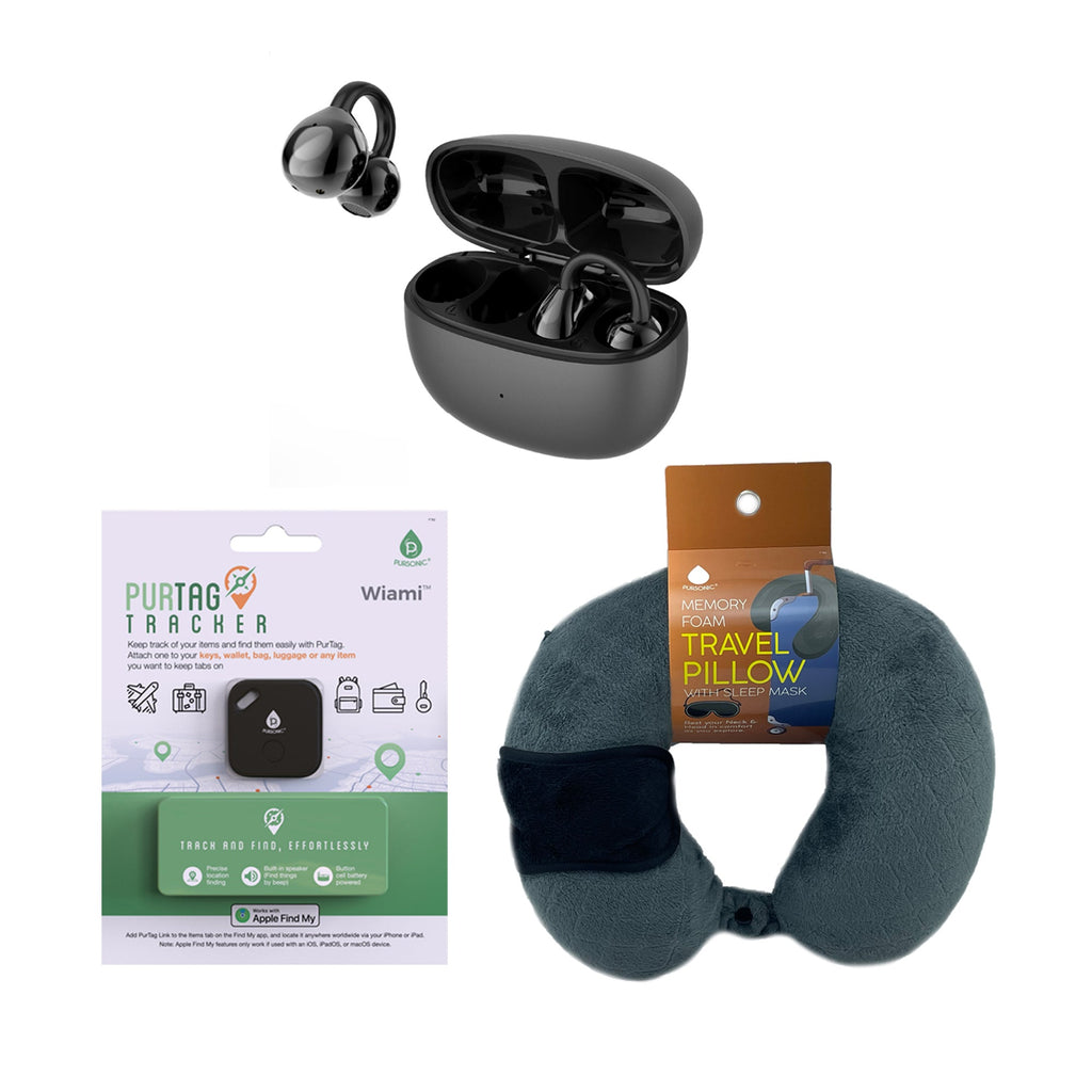 Travel Wellness Bundle — Wireless Earbuds, Item Tracker & Memory Foam Neck Pillow with Sleep Mask