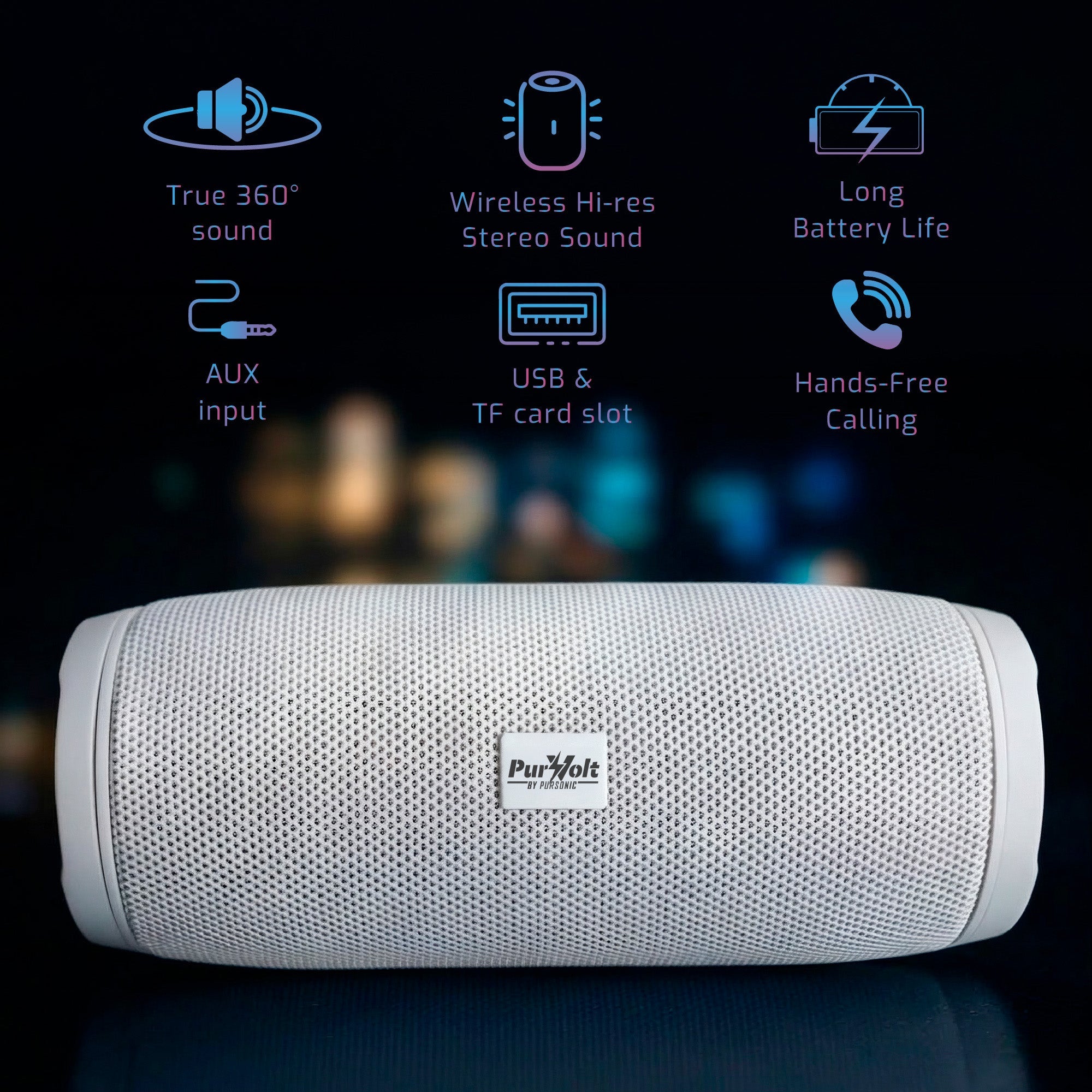 Peak 360° Hi-Res Wireless Speaker — 7-Hour Playtime, Hands-Free & Multi-Input