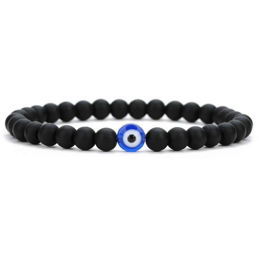 Natural Stone Bead Bracelet — Lava Rock, Black Agate & White Turquoise
