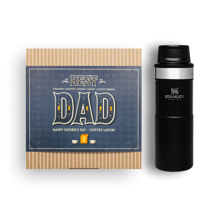 Black Stanley travel mug with a 'Best Dad' gift box on a white background