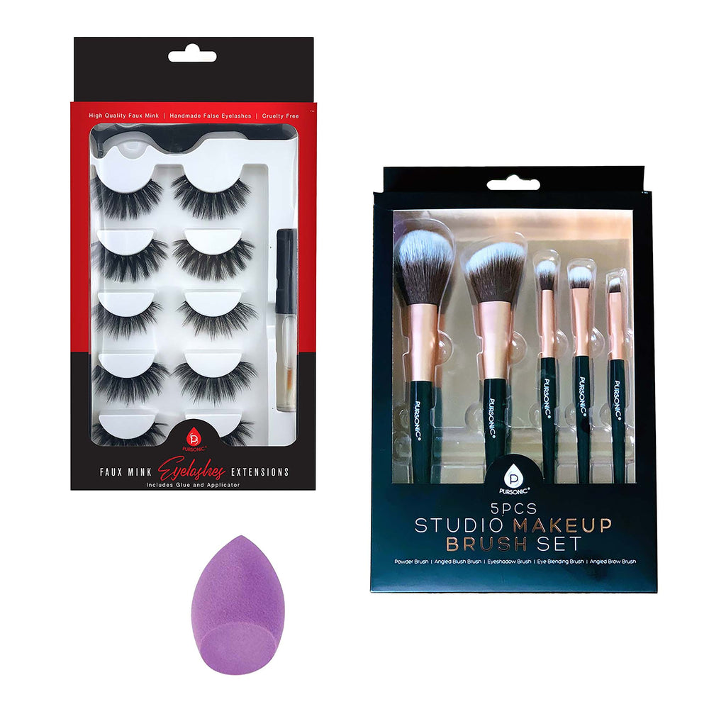 Glam Essentials Beauty Bundle — 3D Faux Mink Lashes, Makeup Sponge & 5-Piece Brush Set