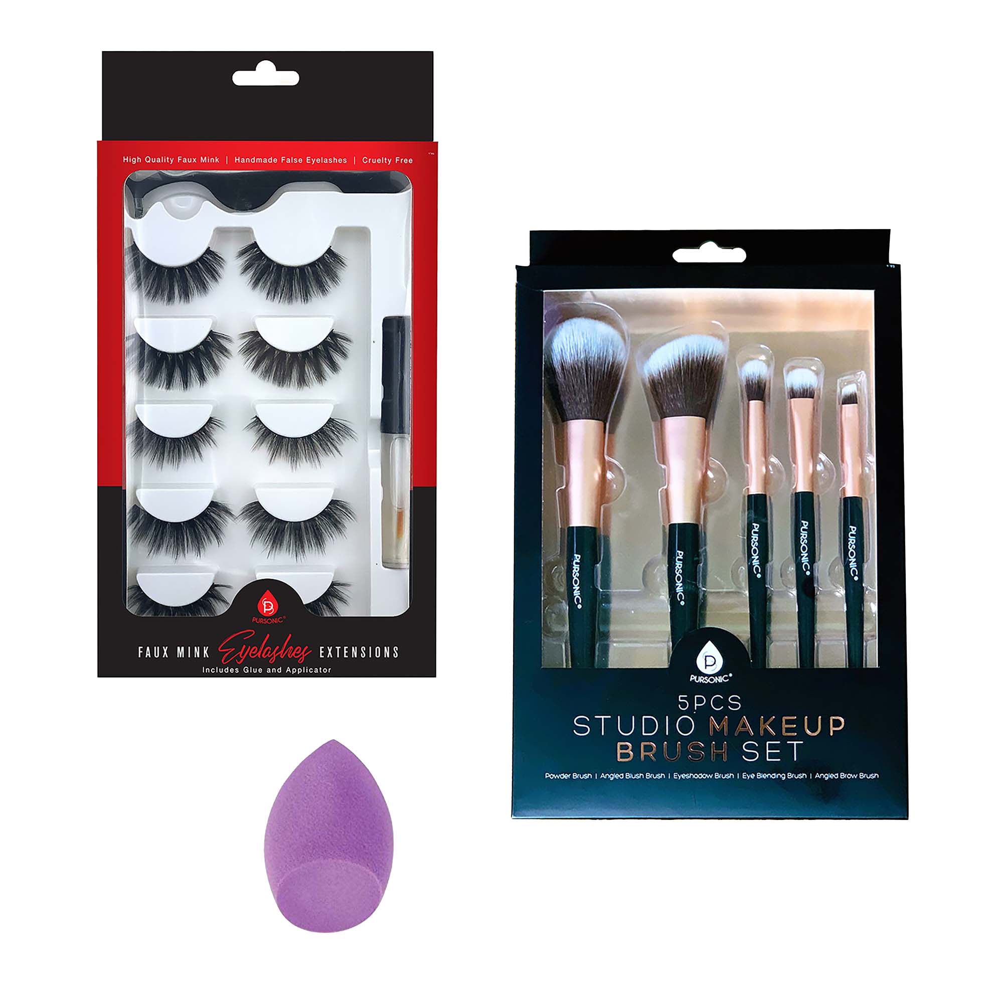 Glam Essentials Beauty Bundle — 3D Faux Mink Lashes, Makeup Sponge & 5-Piece Brush Set
