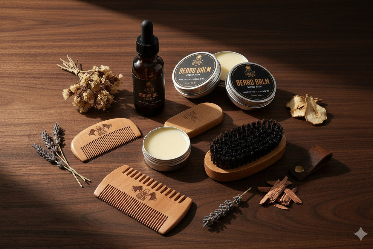 Collection of beard care products including bottles, jars, and tools on a white background