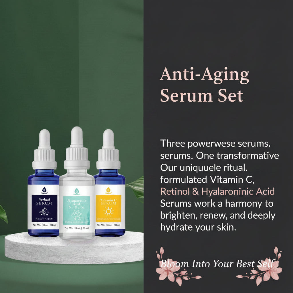 Four essential oil bottles on a stand with Pursonic branding and product description.