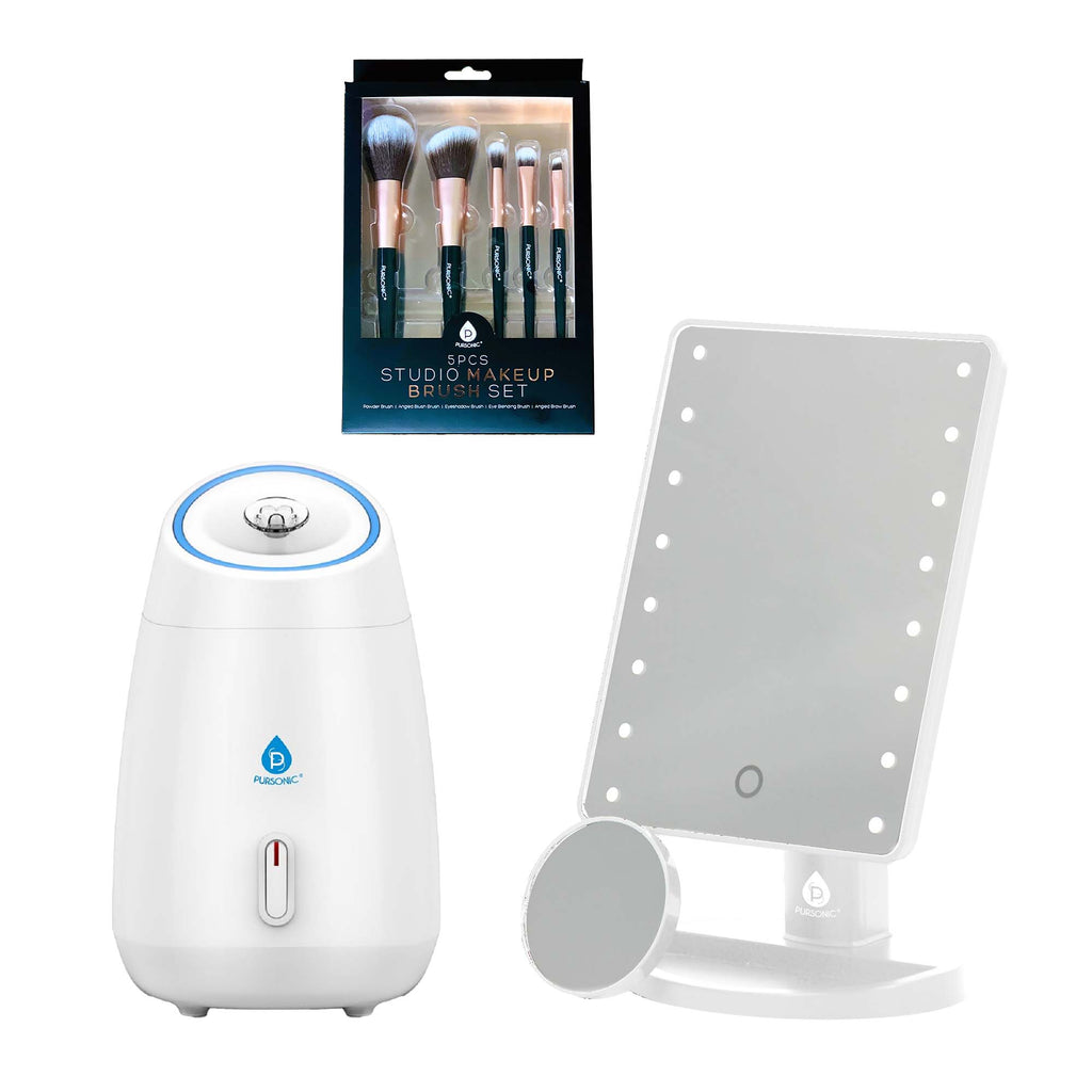 Glow & Go Beauty Essentials Bundle | LED Mirror, Facial Steamer & Brush Set