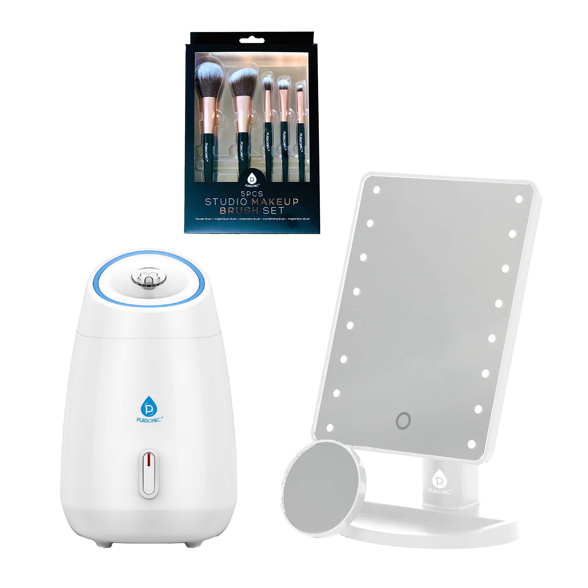 Glow & Go Beauty Essentials Bundle | LED Mirror, Facial Steamer & Brush Set