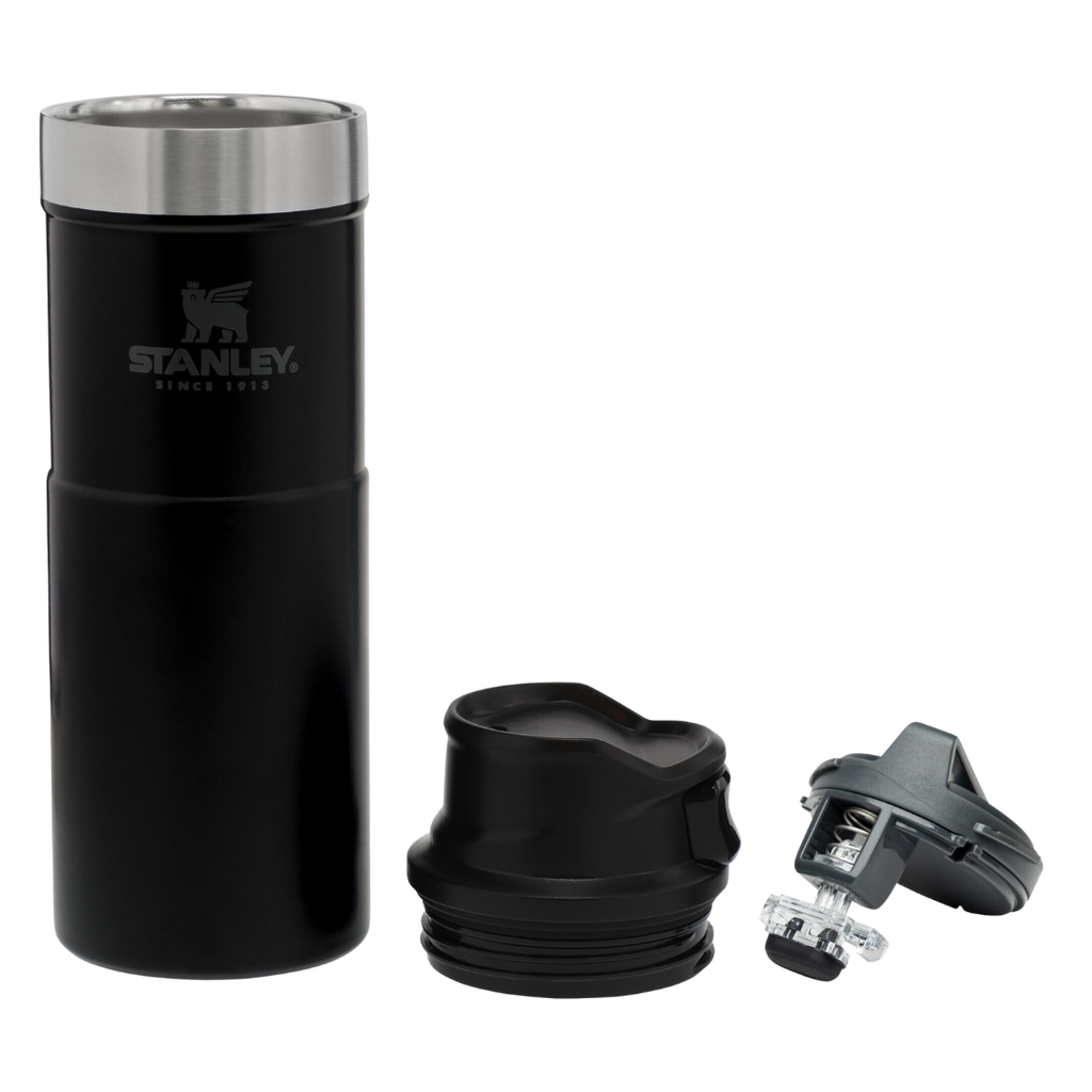Black Stanley travel mug with two lids on a white background