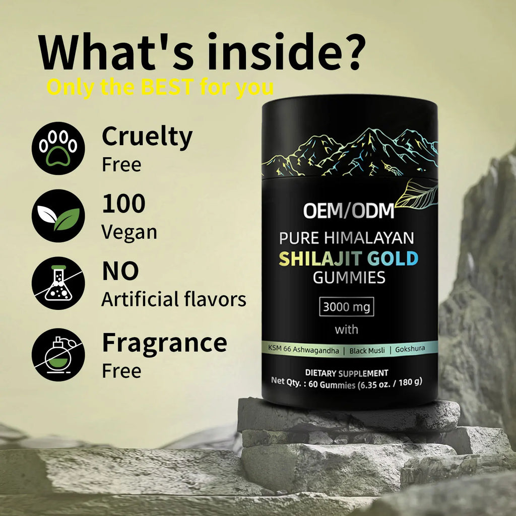 OEM/ODM Pure Himalayan Shilajit Gold Gummies container with product details on a natural background