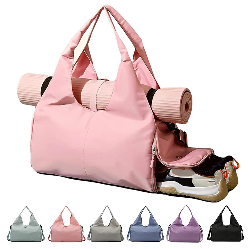 Pink gym bag with rolled-up yoga mat and sneakers, surrounded by other color options on a white background.