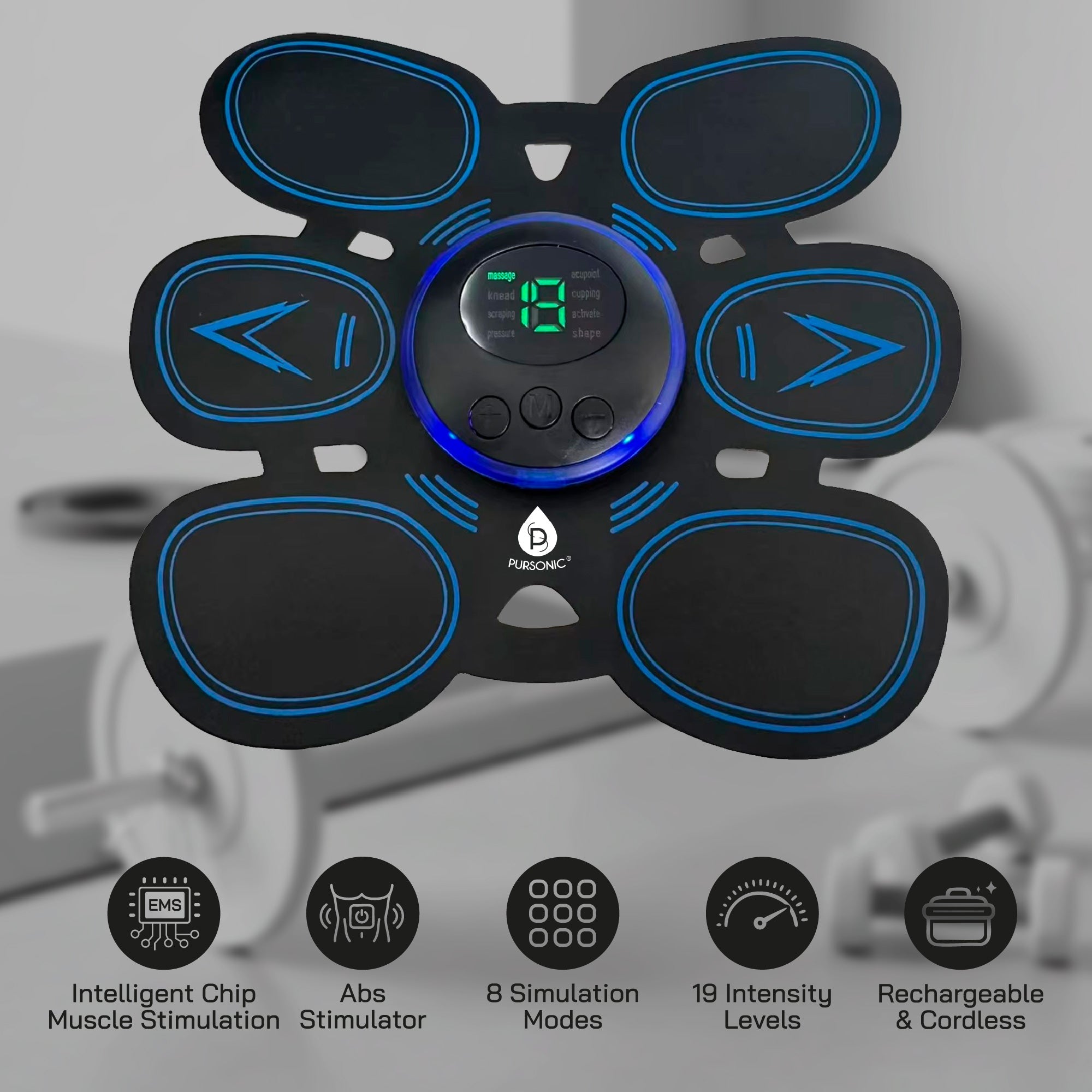 Rechargeable Core Toner & Muscle Massager — 8 Modes, 19 Intensity Levels for Home & Gym