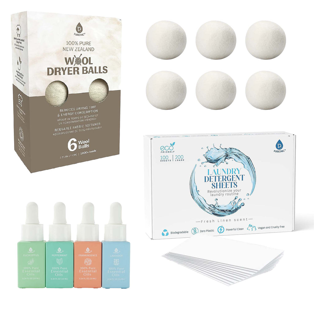 Eco-Friendly Laundry & Wellness Bundle – Detergent Sheets, Wool Dryer Balls & Essential Oils
