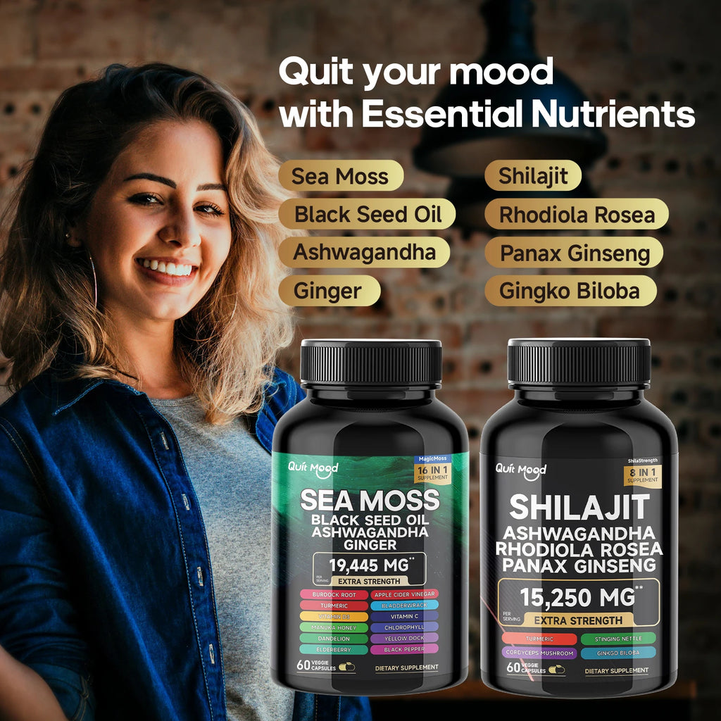 Woman holding two supplement bottles with a list of essential nutrients on a dark background