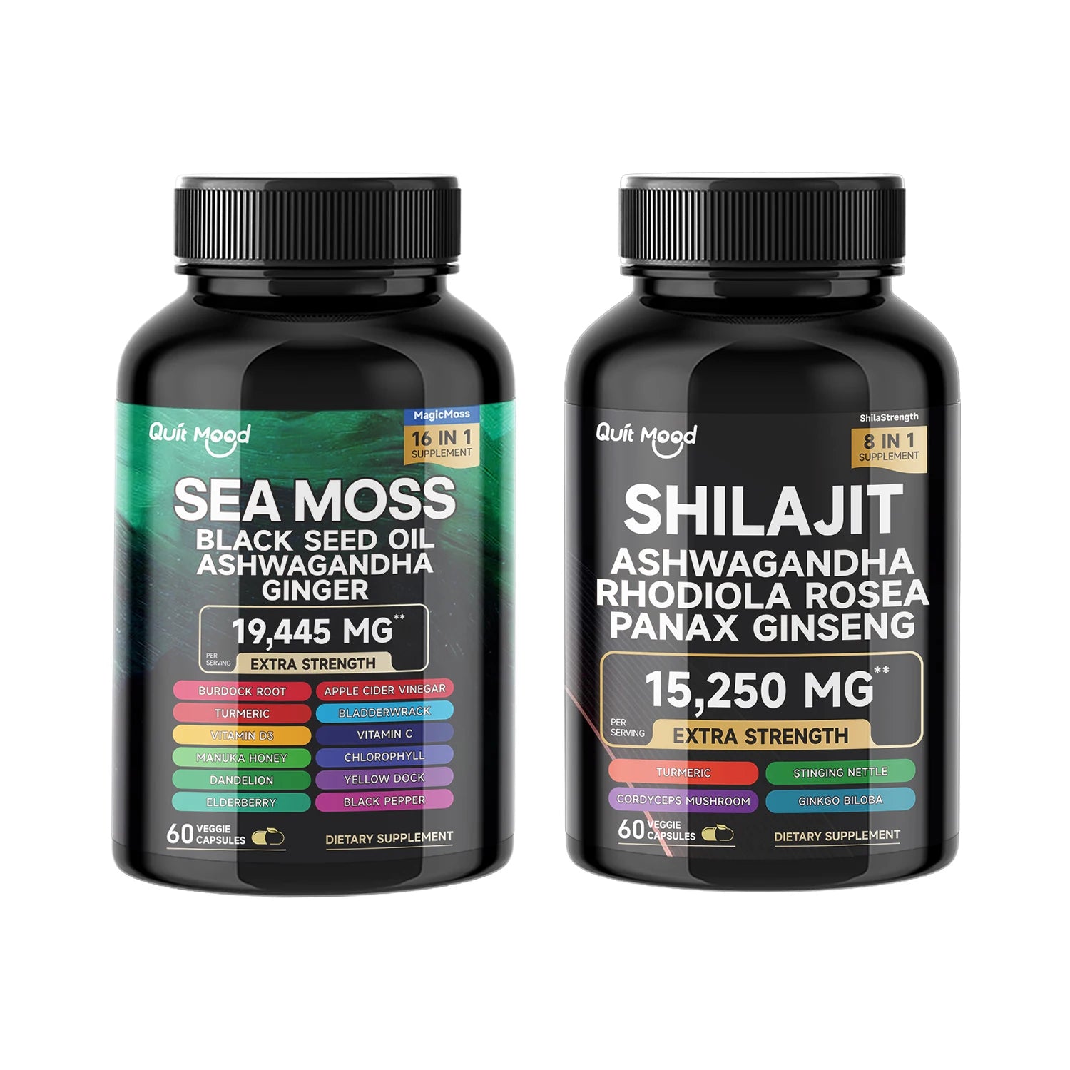 Two supplement bottles labeled 'Sea Moss' and 'Shilajit' on a white background.