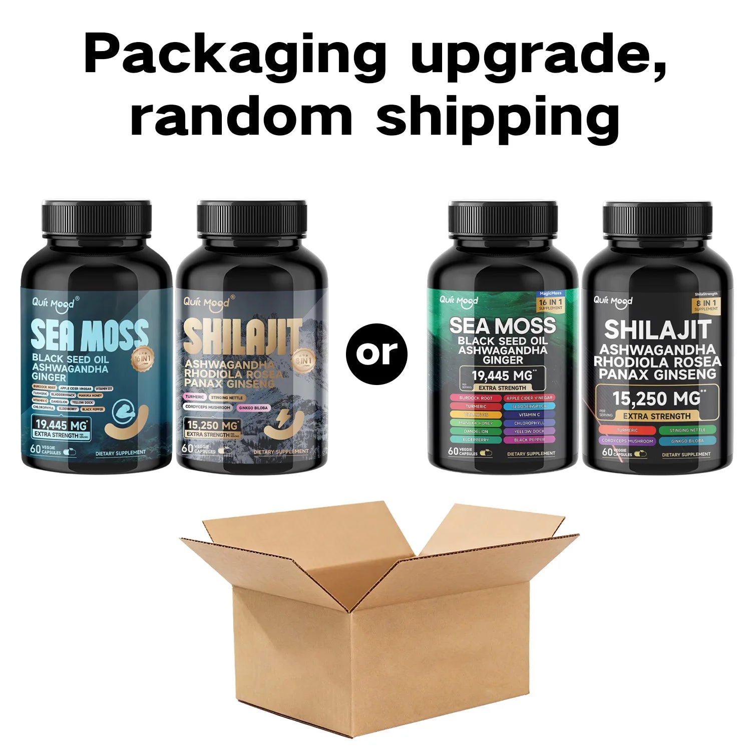 Four supplement bottles with labels for Sea Moss and Shilajit, a cardboard box, and text about packaging upgrade and random shipping.