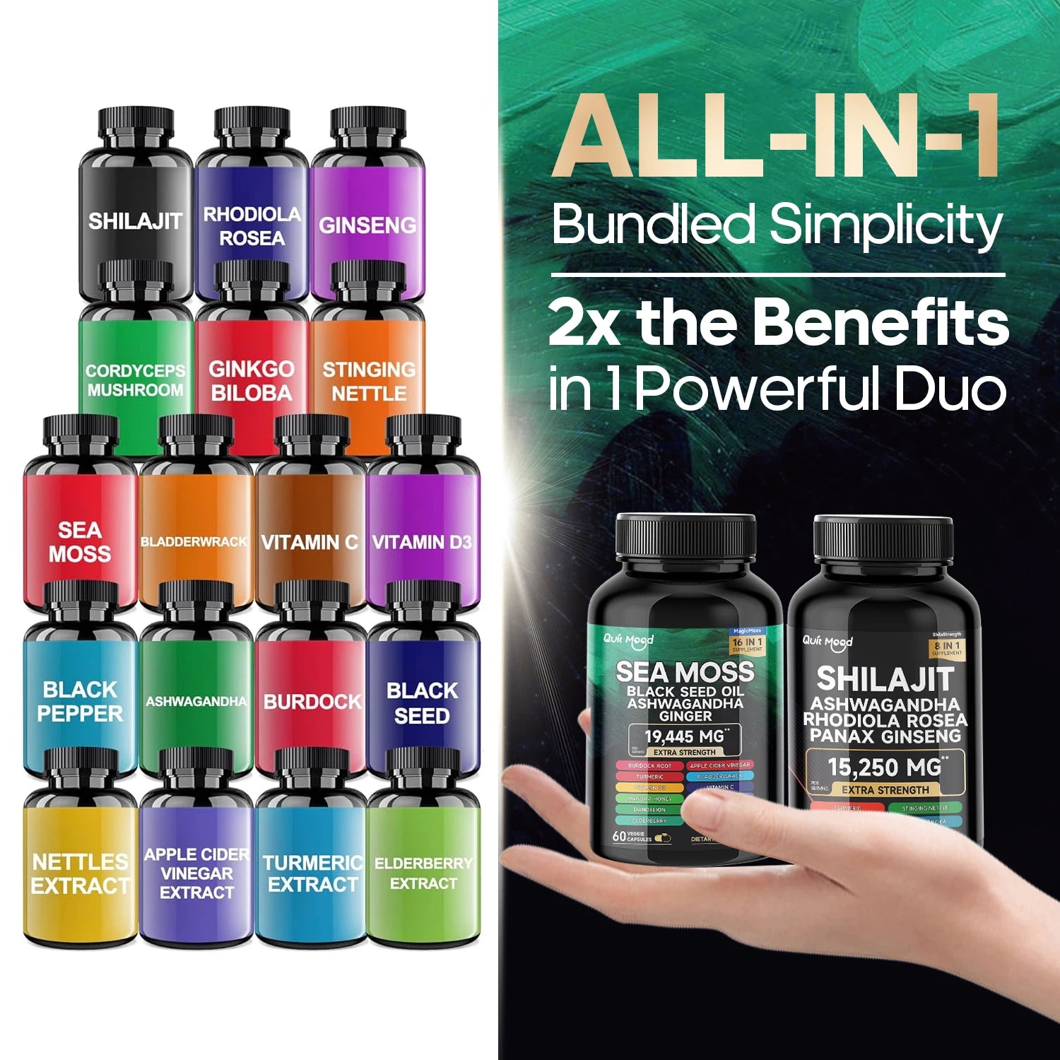 Collection of various supplement bottles with a promotional text about an 'All-In-1' duo pack.
