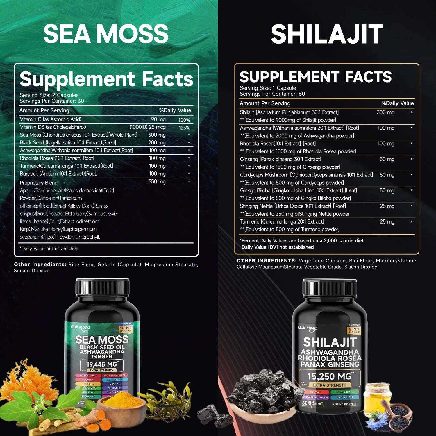 Supplement facts for Sea Moss and Shilajit with product images on a black background.