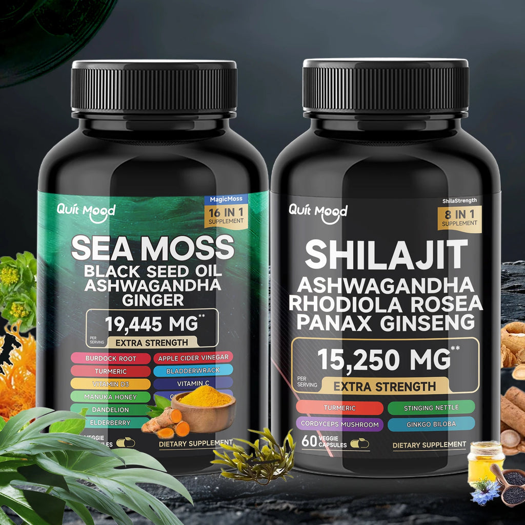 Two supplement bottles labeled 'Sea Moss' and 'Shilajit' with ingredients listed on a dark background.