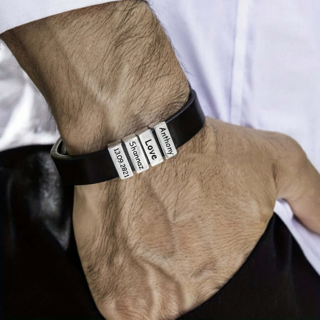 Personalized Men's Leather Bracelet — Custom Engraved Name Beads